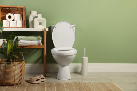 White toilet bowl, paper rolls, slippers and houseplants in bathroom, space for textの写真素材