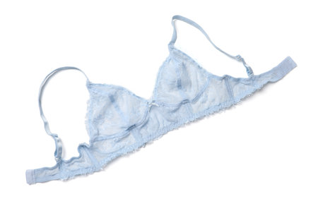 Elegant light blue lace women's underwear isolated on white, top viewの写真素材
