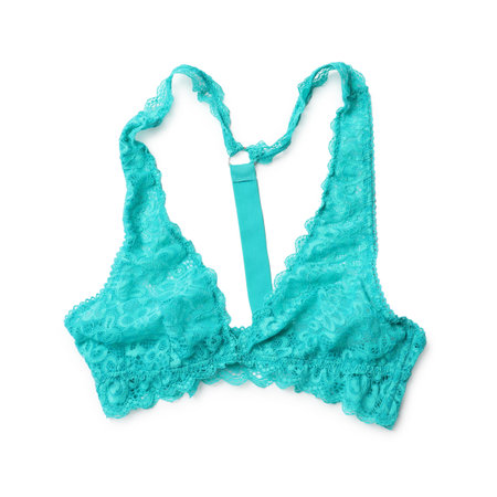 Elegant turquoise lace women's underwear isolated on white, top viewの写真素材