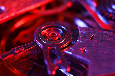 Mechanism of vintage wrist watch as background, closeup. Color tonedの写真素材