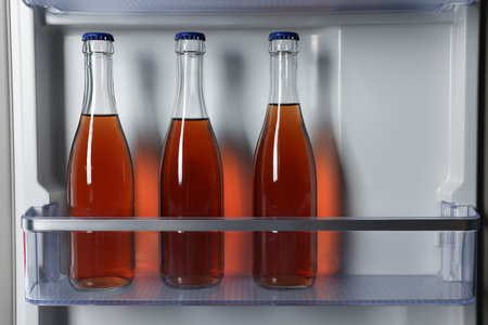 Many bottles of drinks in refrigerator, closeupの写真素材