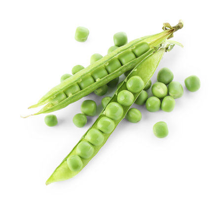 Green fresh peas and pods isolated on white, top viewの写真素材
