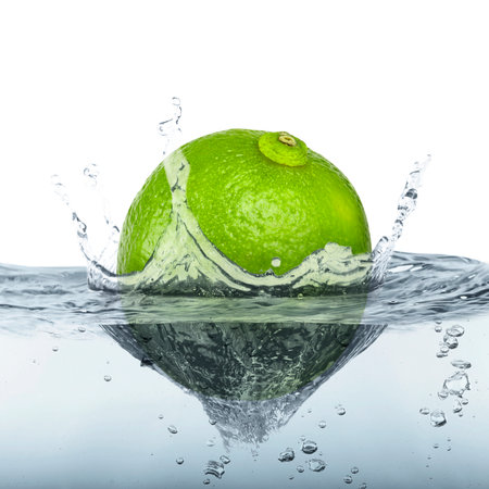 Fresh lime falling into water against white backgroundの写真素材