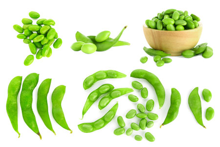 Fresh green soy beans isolated on whiteの写真素材