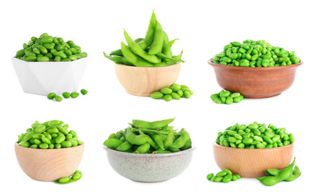 Fresh green soy beans in bowls isolated on whiteの写真素材