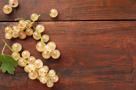 Fresh white currant berries and green leaf on wooden table, top view. Space for textの写真素材
