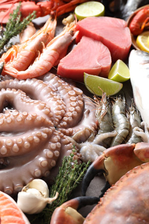 Many different sea food, garlic, thyme and lime on table, above viewの写真素材