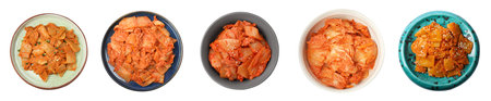 Delicious kimchi of Chinese cabbage isolated on white, set. Top view. Traditional Korean dish