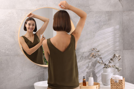 Smiling woman applying spray deodorant near mirror at home, back viewの写真素材