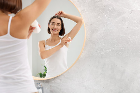 Smiling woman applying roll-on deodorant near mirror at home. Space for textの写真素材