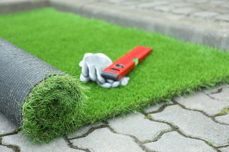 Gloves, level tool and roll of artificial turf outdoors, closeupの写真素材