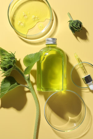 Petri dishes with cosmetic product, bottle, pipette and sunflowers on yellow background, flat layの写真素材