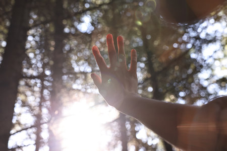 Young hiker enjoying time in forest on sunny day, closeupの写真素材