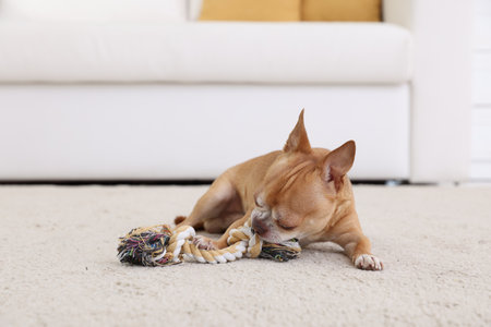 Cute Chihuahua dog with toy on soft rug indoorsの写真素材