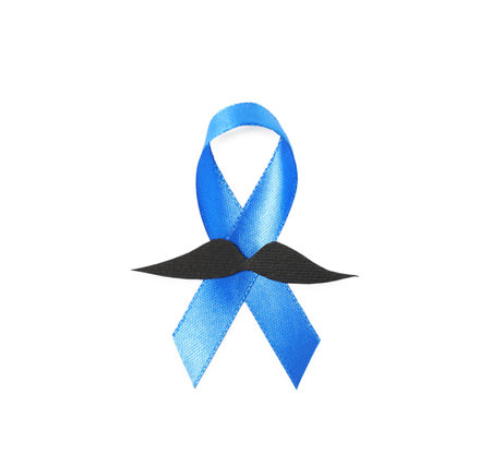 Blue ribbon and fake mustache isolated on white, top view. Prostate cancer awarenessの写真素材
