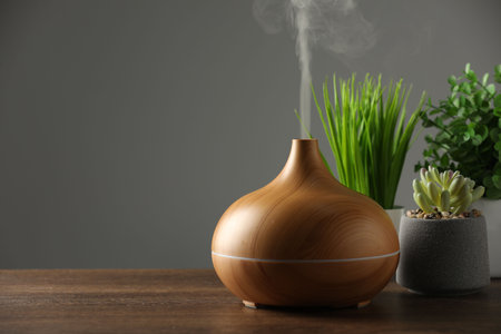 Aroma oil diffuser and houseplants on wooden table, space for textの写真素材