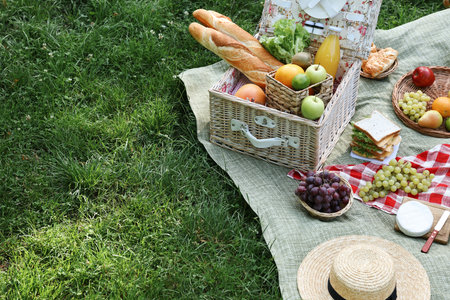 Picnic wicker basket with delicious food and drink on blanket outdoors, space for textの写真素材