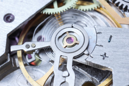 Mechanism of vintage wrist watch as background, closeupの写真素材