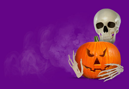 Scary skeleton with spooky jack o'lantern in smoke on purple background, space for text. Halloween celebrationの写真素材
