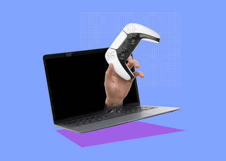 Man's hand holding gamepad and sticking out from laptop on light blue background. creative collageの写真素材