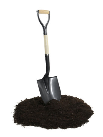 One camping shovel and soil isolated on white. Hand toolの写真素材