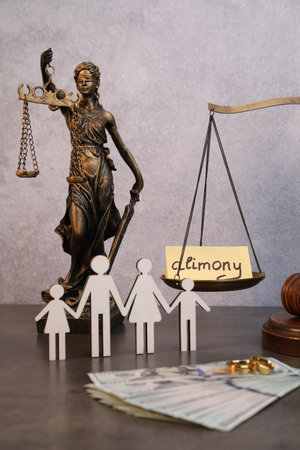 Card with word Alimony, figures of family, dollar banknotes, scales and statue of Lady Justice on gray tableの写真素材