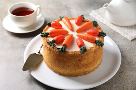 Delicious carrot cake, server and tea on gray tableの写真素材