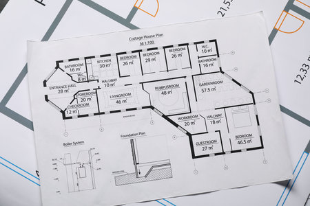 Papers with different engineering drawings, flat layの写真素材