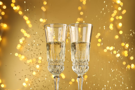 Glasses of sparkling wine and confetti against golden background with blurred lights, closeup. Christmas decorの写真素材