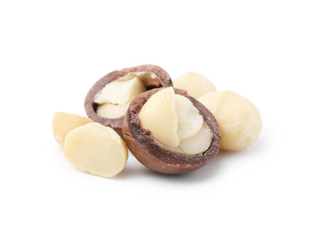 Macadamia nuts with shells isolated on whiteの写真素材