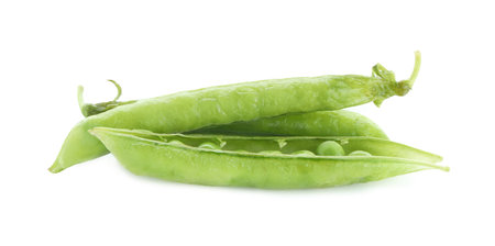 Green fresh peas and pods isolated on whiteの写真素材