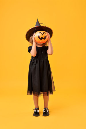 Girl with pumpkin bucket dressed like witch on yellow background. Halloween celebrationの写真素材