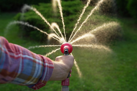 Man watering lawn with hose in backyard, closeupの写真素材