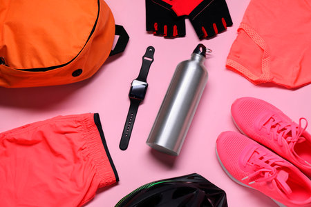 Bicycle helmet, sportswear, sneakers, thermo bottle and wristwatch on pink background, flat layの写真素材