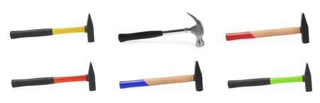 Collage with different hammers on white backgroundの写真素材