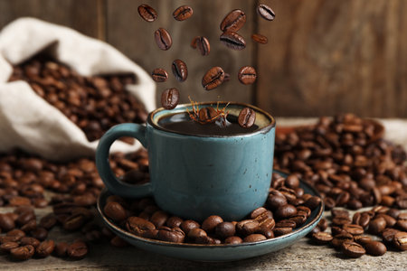 Roasted beans falling into cup with aromatic coffee on wooden table, closeupの写真素材