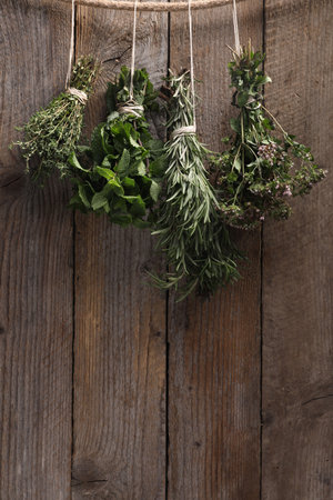 Bunches of different aromatic herbs hanging on rope near wooden wallの写真素材