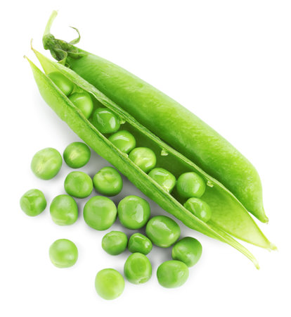 Green fresh peas and pods isolated on white, top viewの写真素材