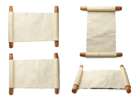 Scroll of old parchment paper with wooden handles isolated on white, collageの写真素材