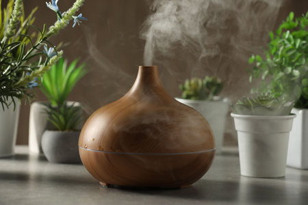 Aroma oil diffuser and houseplants on light gray tableの写真素材