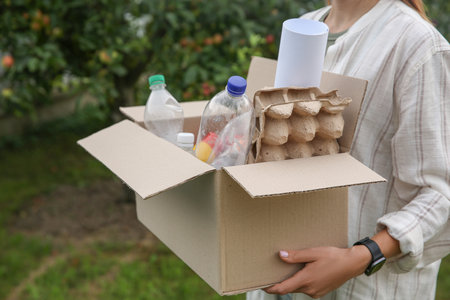 Recycling. Woman holding cardboard box with different garbage outdoors, closeupの写真素材