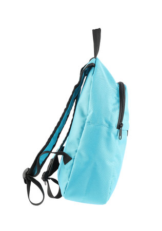One stylish light blue backpack isolated on whiteの写真素材