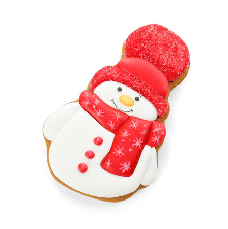 Tasty Christmas cookie in shape of snowman isolated on whiteの写真素材