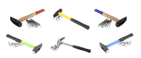 Collage with different hammers and metal nails on white backgroundの写真素材