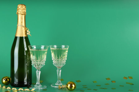 Sparkling wine, confetti and other Christmas decor on green background. Space for textの写真素材