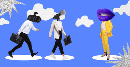 Man and woman with camera and microphone instead of heads as journalists going to celebrity (woman with lips for head), creative collage. Banner designの写真素材
