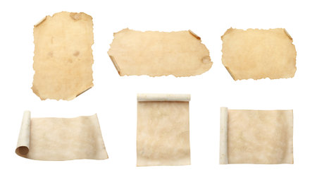 Collage with sheets of old parchment paper isolated on whiteの写真素材