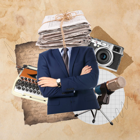 Man with stacked newspapers instead of head as journalist, vintage typewriter, camera and microphone on old paper, creative collageの写真素材