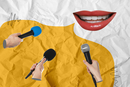 Journalists' hands reaching out with microphones to speaking mouth on crumpled paper, creative collageの写真素材