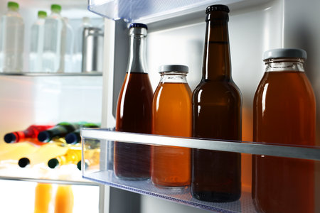 Many different cold drinks in the refrigerator, closeupの写真素材
